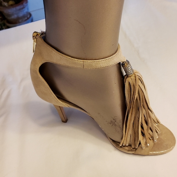 Jimmy Choo Metallic Strappy Heels with Tassels - Picture 3 of 15